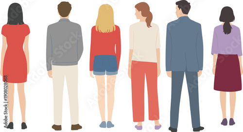 people, standing, back, view, vector, illustration, men, women, diverse, casual, clothing, urban, lifestyle, group, flat, modern, characters, design, rear, perspective