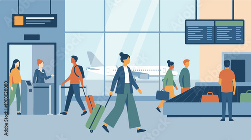 Busy airport scene with travelers and luggage at check-in and baggage claim