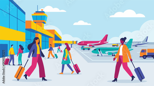 Travelers with luggage walking at a modern airport terminal with aircraft