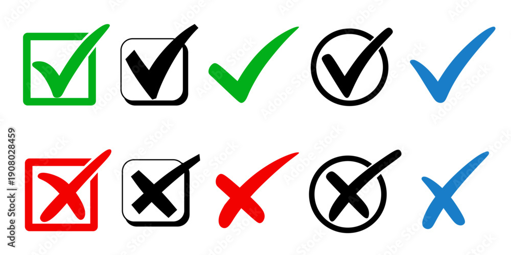 Naklejka premium vector illustration: set of green check mark and red no cross symbols isolated on white or transparent png