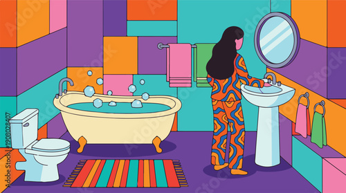 Woman in colorful pajamas washing hands in a vibrant illustrated bathroom