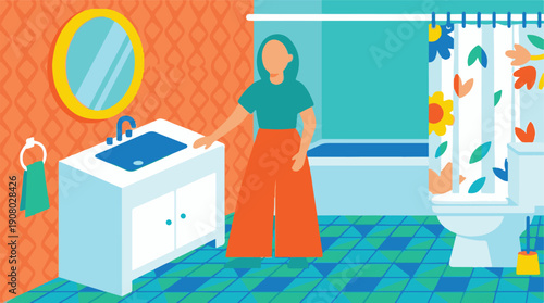 Woman standing by sink in a brightly decorated modern bathroom