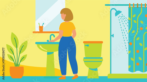 Woman in minimalist bathroom with sink, toilet, and shower, flat design