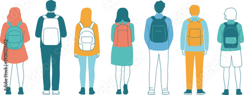 people, back, view, backpacks, vector, illustration, students, men, women, walking, casual, clothing, urban, lifestyle, group, flat, colorful, modern, characters, design