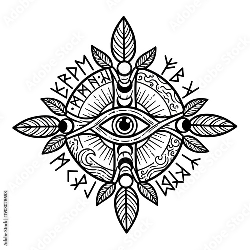A mystical symbol featuring an eye surrounded by leaves and runes