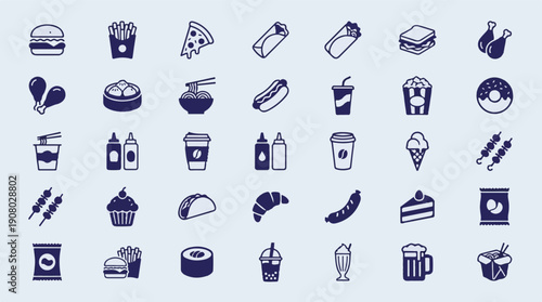 Diverse Fast Food and Drink Icons Collection - Vector Illustration Set