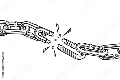 A broken chain link with shattered metal pieces flying apart