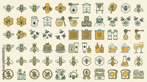 Flat vector icon set for bees, beekeeping, honey, and natural products