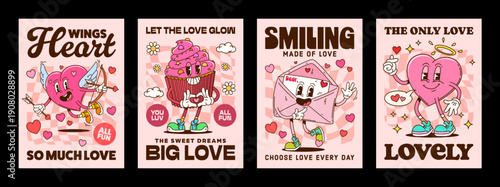 Valentine's day love hearts and cake groovy posters with funky characters, cartoon vector. Valentine groovy funny heart with cupid arrow and bow, love message envelope letter and funky cupcake