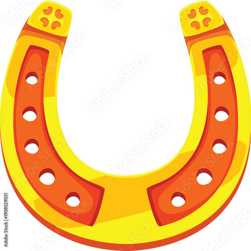 Golden lucky horseshoe, happy St Patrick's day horse shoe with clover leaves. Traditional symbol of good luck, fortune, prosperity and protection. Cartoon vector charm for Irish folklore celebration