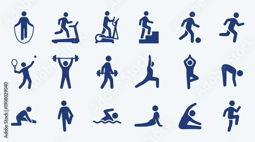 Set of Blue Silhouette Icons Representing Diverse Sports and Fitness Activities