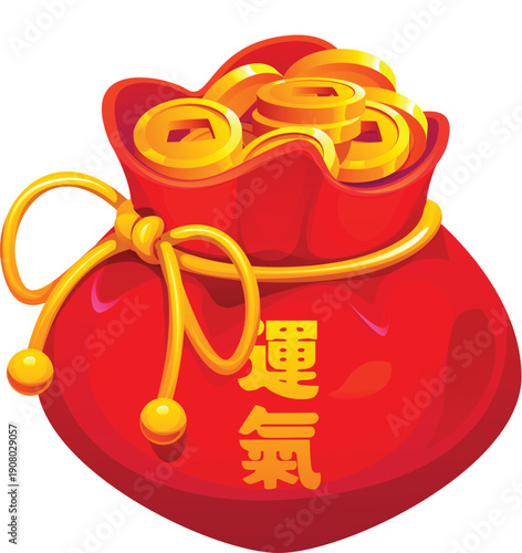 Chinese red lucky money bag with golden coins for Lunar New Year celebration. Cartoon vector festive fortune pouch or purse with hieroglyph meaning luck and good fortune, Asian symbol of prosperity