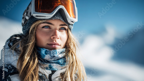 Wallpaper Mural Close-up portrait of young woman in winter clothing and ski goggles against snowy background. Adventure tourism and outdoor lifestyle concept with strong feminine presence. Torontodigital.ca