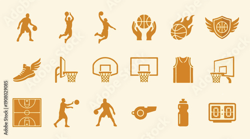 Basketball game elements, players, and equipment vector icon set