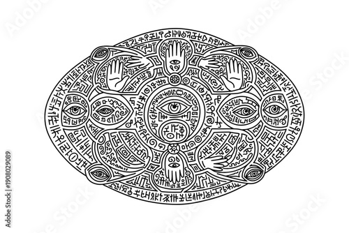An intricate black and white illustration of a mystical symbol with eyes and hands