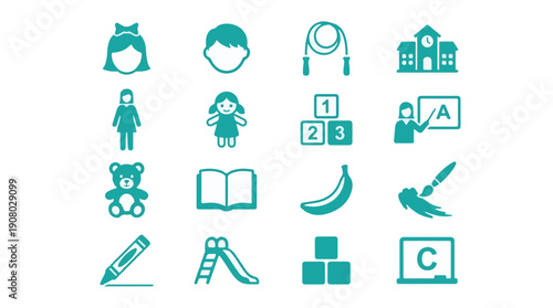Education and Children's Activities Icons Set: School, Toys, Learning