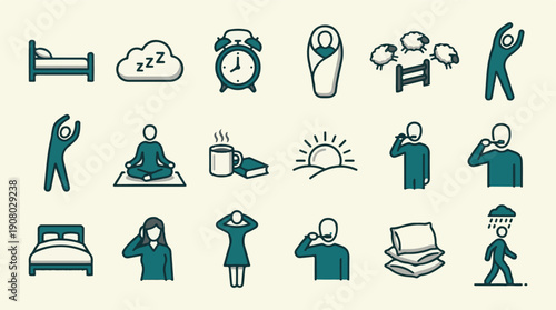 Daily routine and well-being icons: sleep, morning, and personal care