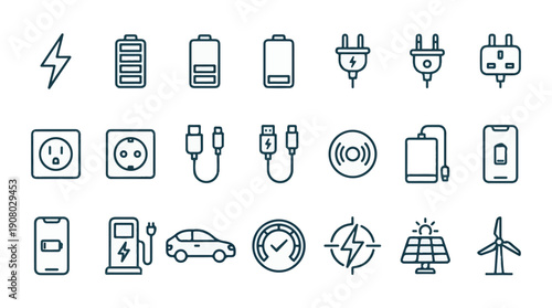 Energy and Charging Interface Icons: Power, Devices, and Renewable Sources