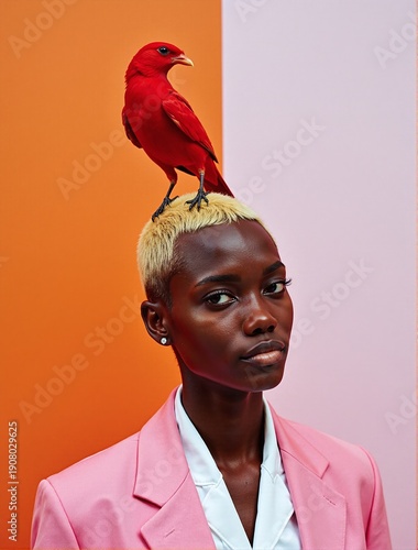 Woman with yellow hair and red parrot in pink blazer