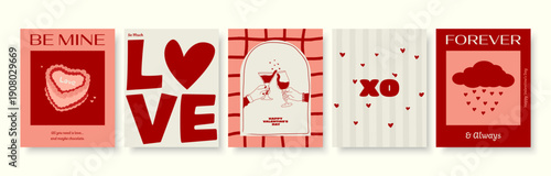 Valentine’s Day Card Collection with Love, XO and Romantic Illustrations – Red and Pink Vector Set