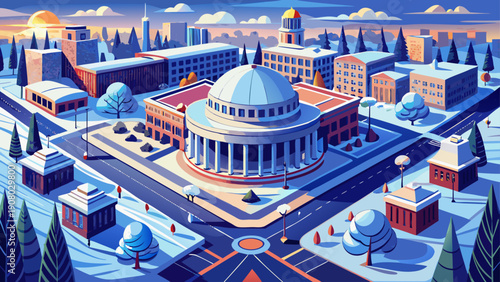 Very beautiful winter aerial view of the Great Dome at Massachusetts Institute of Technology (MIT) in Cambridge, Massachusetts, USA, showcasing the iconic academic landmark covered in seasonal atmosph