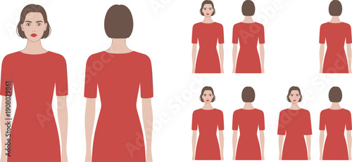 woman, character, front, back, view, vector, illustration, female, body, flat, design, avatar, fashion, pose, model, anatomy, isolated, modern, set, template