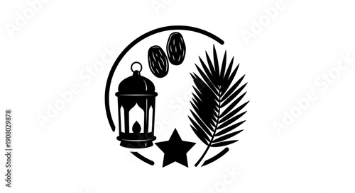 A stylized illustration featuring a lantern, star, dates, and palm frond in a circular frame, symbolizing celebration and cultural heritage.