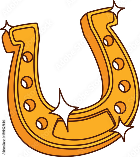 Cartoon groovy casino horseshoe. Glittering golden symbol radiating luck and fortune. Psychedelic 70s vector horseshoe for groovy game branding, lucky talisman designs, vintage party decor