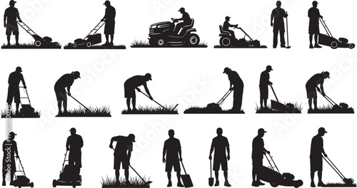 Collection of black silhouettes showing individuals engaged in lawn care activities with push, riding, and stand‑on mowers, ideal for landscaping, gardening, and outdoor labor design projects.
