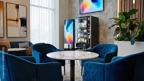 Modern Office Lounge with Vending Machine and Comfortable Armchairs