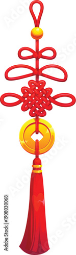 Chinese lucky knot tassel or Asian charm amulet with golden coins, vector fortune luck symbol. Chinese tassel or lucky knot pendant with money coins ornament for Feng Shui and Lunar New Year