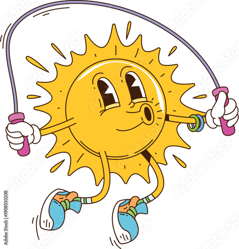Jumping on skipping rope sun cartoon groovy cute character. Cheerful retro funky mascot, happy vintage comic isolated vector character. Sun cute groovy personage whistling and jumping on rope