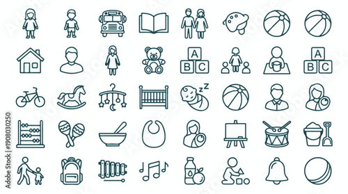 Childhood, Family, and Education Line Art Icons Collection
