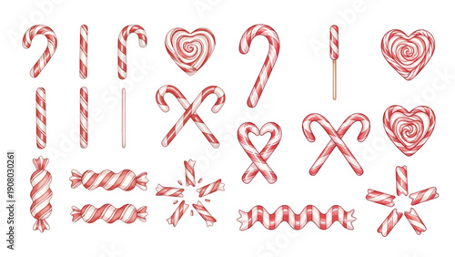 Collection of red and white striped candy canes and peppermint sweets in various festive shapes on a transparent background.