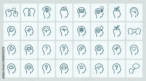 Human head psychology and mental state line icons set
