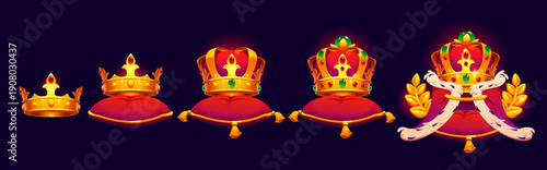 Royal king or queen game rank badge, vector heraldry award. Cartoon luxury royal crowns in progression stages, placed on pillows in laurel branches frames. Game achievement rank badges set