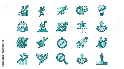 Business Growth, Success, and Development Flat Vector Icon Set