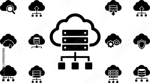 Cloud Server and Database Network Icon Collection - Black Silhouette Technology Symbols