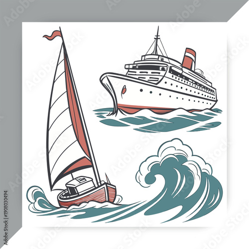 Cruise Ship and Sailboat Nautical Set,Ocean Travel and Marine Transport Vector Illustration,Cruise Ship vector,Cruise Ship design,Cruise Ship concept, Cruise Ship post,Cruise Ship cartoon,Cruise Ship 