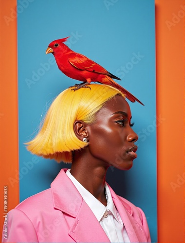 Woman with yellow hair and red parrot in pink blazer