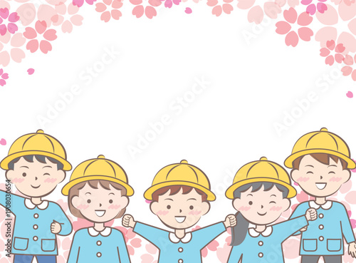 桜と園服の子供たちのフレーム　入園　卒園