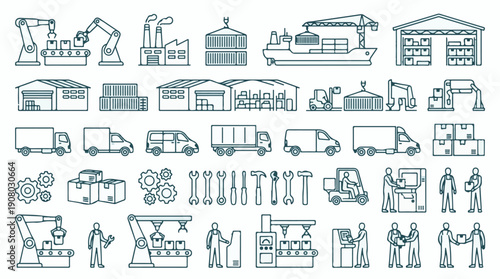 Industrial and Logistics Processes Line Art Icons Set