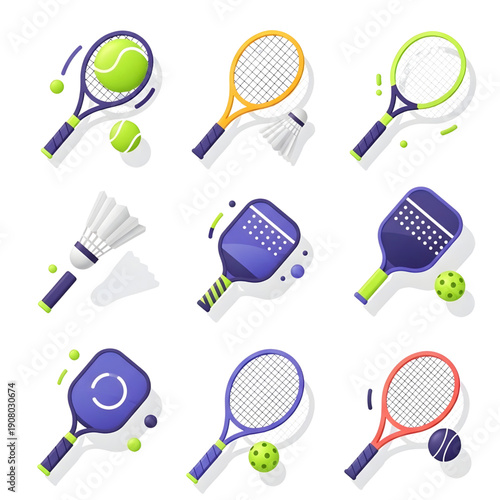 Racket Sports Icon Set for Tennis Pickleball and Badminton