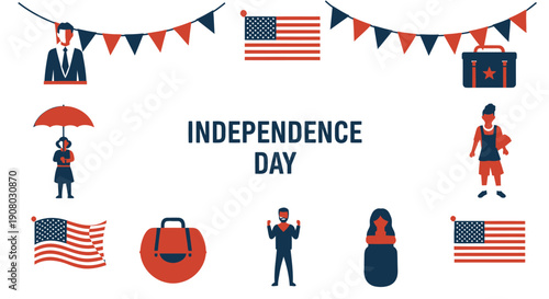 Independence Day icons set with patriotic symbols and people, vector illustration for banner or poster