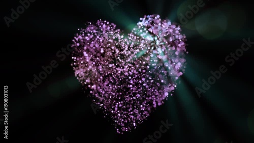 Valentine heart made of points of light, loops.
Camera orbits a vibrant, three-dimensional heart shape formed by numerous tiny, sparkling particles. Loops.