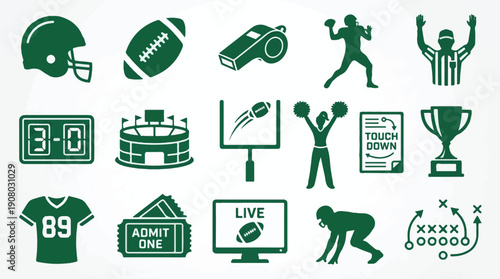 American Football Game Icons Set: Player, Referee, Stadium, and Equipment