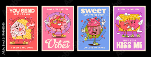 Retro y2k groovy Valentine day holiday posters. Vibrant vector posters featuring character envelope, dancing heart, pink cupcake, and hugging angel and devil hearts. Trippy design for wall art