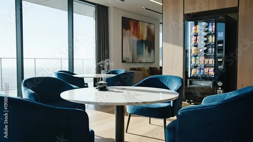 Modern Office Lounge with Vending Machine and Comfortable Armchairs