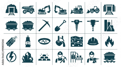 Mining Industry Icons: Equipment, Tools, Resources, and Workers Set