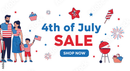 4th of July sale banner with family, American flag, and BBQ elements, for website or social media promotion, Isolated on transparent background, png